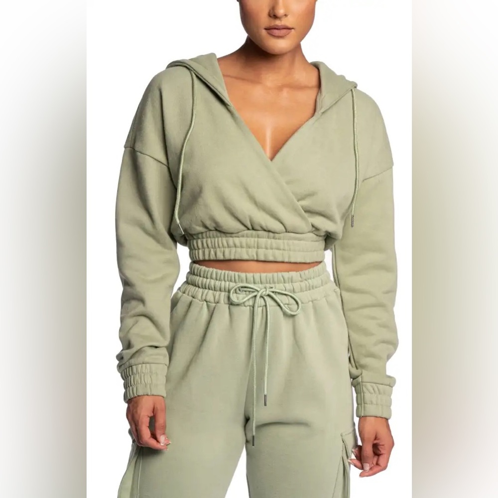JLUXLABEL Nordstrom Sage Green Crop Fleece Hooded Sweatshirt Women’s Medium